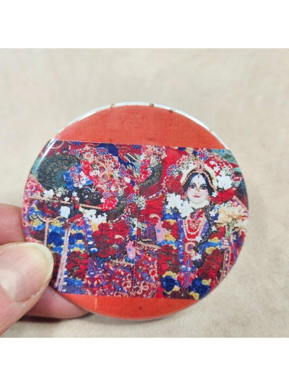 Radha Krishna  Round Devotional Button Pin Hindu Spiritual Decor Art Gift Vintag